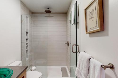 uma casa de banho com um chuveiro, um WC e um lavatório. em Maine Waterfront Luxury Retreat 