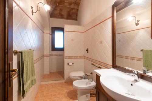 uma casa de banho com um WC, um lavatório e um espelho. em Casa Cris em Castelluzzo