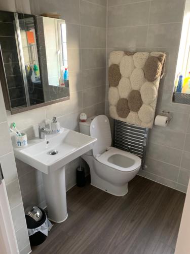 a bathroom with a white toilet and a sink at 3 Lace Avenue LE11 2FE in Loughborough