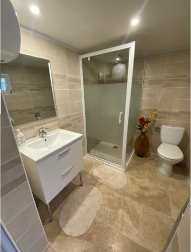 een badkamer met een wastafel, een toilet en een spiegel bij Dépendance de charme in Pia