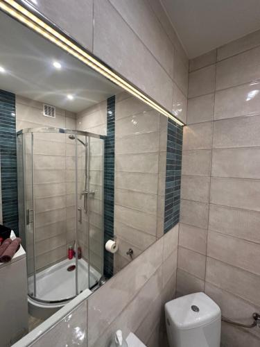 een badkamer met een douche, een toilet en een wastafel bij Nice Stay Apartment Centrum in Warschau
