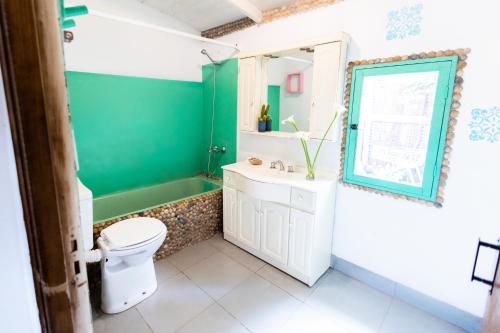 La salle de bains verte est pourvue de toilettes et d'un lavabo. dans l'établissement CasaRampa Mar del Plata casa con rampa de skate, à Mar del Plata