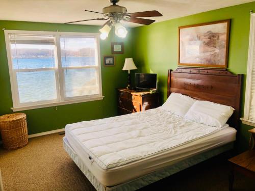 Schlafzimmer mit einem Bett mit grünen Wänden und einem Deckenventilator in der Unterkunft The Wellington Lake Cottage in Middlebury
