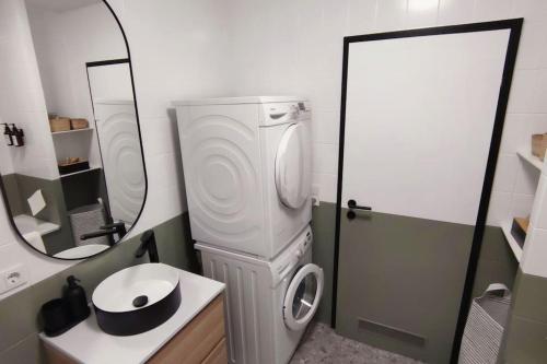 a small bathroom with a sink and a washing machine at Rooftop Wohnung Kehl bei Strasbourg in Kehl am Rhein