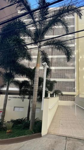 a pair of palm trees in front of a building at Cobertura aconchegante perto do shopping independência, home office, garagem in Juiz de Fora