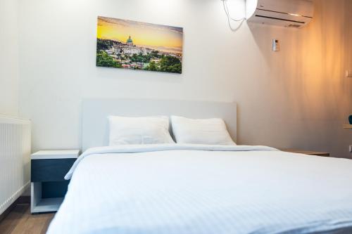 ein Schlafzimmer mit einem weißen Bett mit einem Bild an der Wand in der Unterkunft Daisy resort in Novi Sad