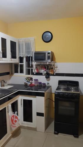 a kitchen with a stove and a microwave at Petite Lounge in Los Paredones