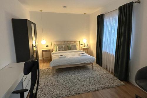 a bedroom with a bed and a large mirror at Apartament la munte in Borşa