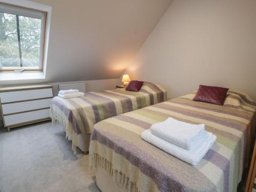 two twin beds in a room with a window at Thorneydyke Cottage in Stirling