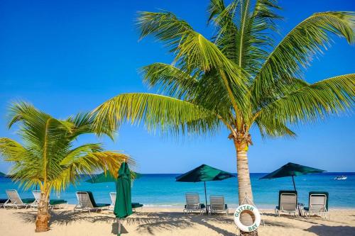 un groupe de chaises et de palmiers sur une plage dans l'établissement Condos at Glitter Bay Estate by Blue Sky Luxury, à Saint James