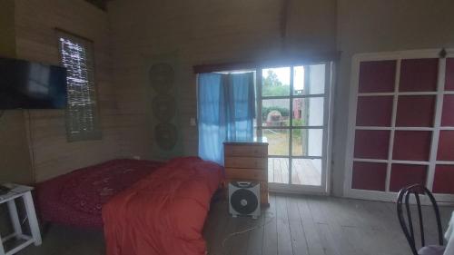 ein Schlafzimmer mit einem Bett in einem Zimmer mit Fenstern in der Unterkunft Lakshmi in Neptunia