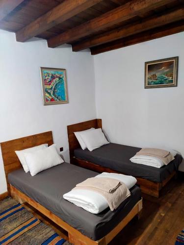two twin beds in a room with white walls at Apartments Alexandra in Pleven