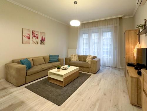 Asbóth Taylor Apartment في بودابست: غرفة معيشة مع أريكة وطاولة قهوة