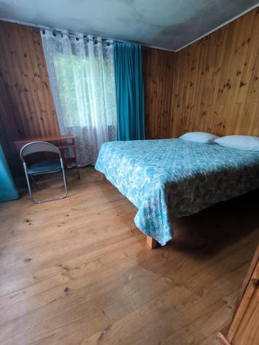Schlafzimmer mit einem Bett, einem Schreibtisch und einem Stuhl in der Unterkunft Nómada Austral in Puerto Montt