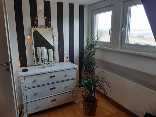 een kamer met een dressoir met een spiegel en planten bij Individuelle stilvolle Maisonettewohnung mit zwei Schlafzimmern, zwei Bädern und Sauna am Rothaarsteig in Hilchenbach