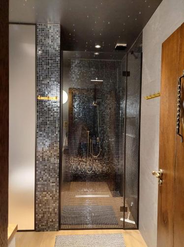 a bathroom with a shower with a glass door at SASKI ZAKĄTEK, WAKACJE W BAJKOWYM DOMKU!!! MAZURY, SAUNA, JEZiORO, POMOST, in Sasek Mały