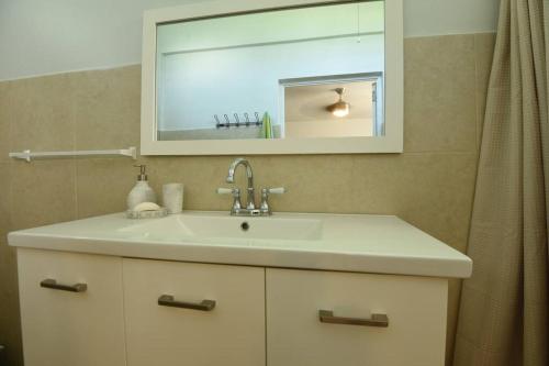 a bathroom with a white sink and a mirror at One Bedroom Apartment, Private pool, huge yard in Anasco