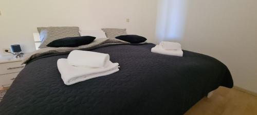 1 dormitorio con 1 cama grande y toallas. en Apartman Vražji stolček, 