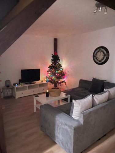 een woonkamer met een kerstboom en een bank bij Authentic Loft - 10 min to the city center in Schiltigheim