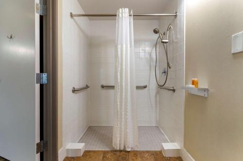 a shower with a shower curtain in a bathroom at Aiden Austin City Hotel in Austin