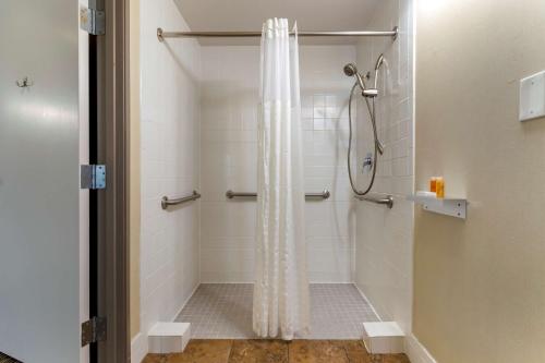 a shower with a shower curtain in a bathroom at Aiden by Best Western Austin City Hotel in Austin