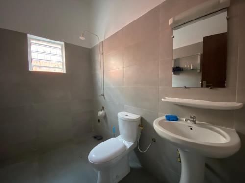 a bathroom with a white toilet and a sink at Les Amazones Rouges Chambre Bleue in Ouidah
