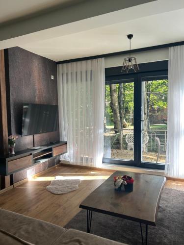 ein Wohnzimmer mit einem TV und einem Tisch in der Unterkunft Bonvillas Brezovicë riverside apartments in Brezovica