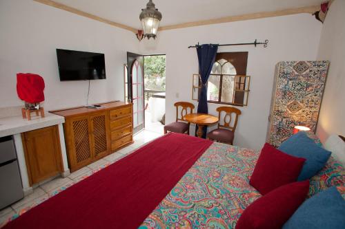 a bedroom with a bed and a flat screen tv at Hotel Casa Blanca in Ajijic