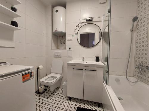uma casa de banho com um WC, um lavatório e um espelho. em Odpocznij w Lesku em Lesko