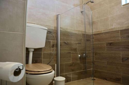 een badkamer met een toilet en een glazen douche bij Ria Terrace Apartment III in Faro