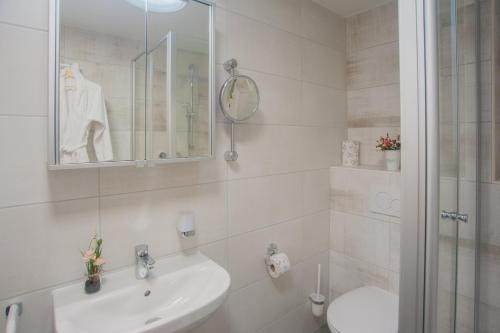 een badkamer met een wastafel, een toilet en een spiegel bij Privatpension zur Schwarzach in Greding