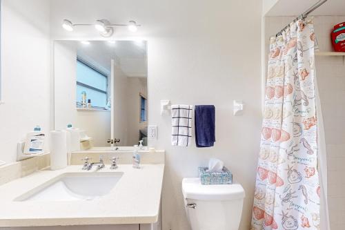 een badkamer met een wastafel, een toilet en een spiegel bij East Side Escape in Sarasota