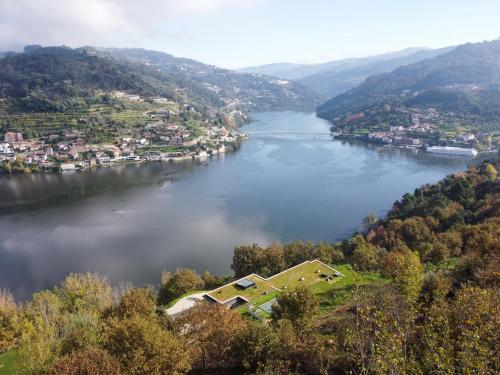 arial view of a river with houses and a town at Douro Country House in Cinfães