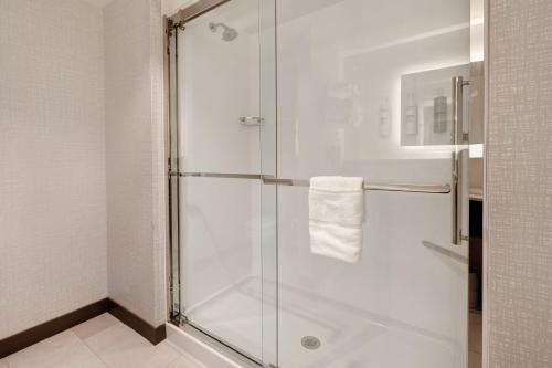 uma casa de banho com um chuveiro e uma porta de vidro em Hampton Inn Chicago Orland Park em Orland Park