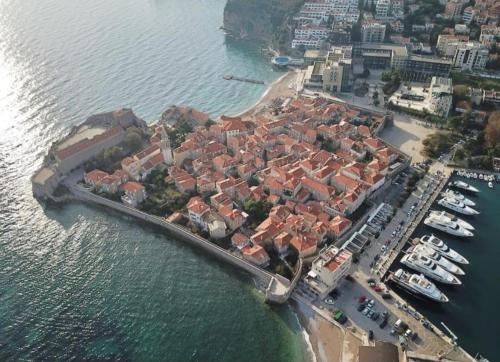 an aerial view of a small island in the water at Budva OLD TOWN 4 apartment in Budva