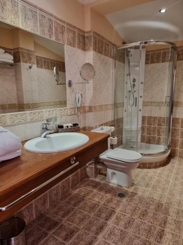 a bathroom with a sink and a toilet and a shower at Likoria Hotel in Arachova