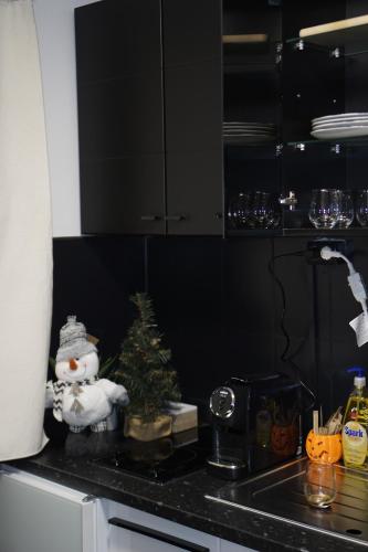 彼得羅沙尼的住宿－Black & White, cafea Lavazza, balcon priveliște spre munte, filtru apă rece&fierbinte, saltea premium, fotoliu puf，厨房柜台上挂着圣诞树