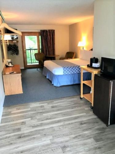 a hotel room with a bed and a television at Four Seasons Inn in Maggie Valley