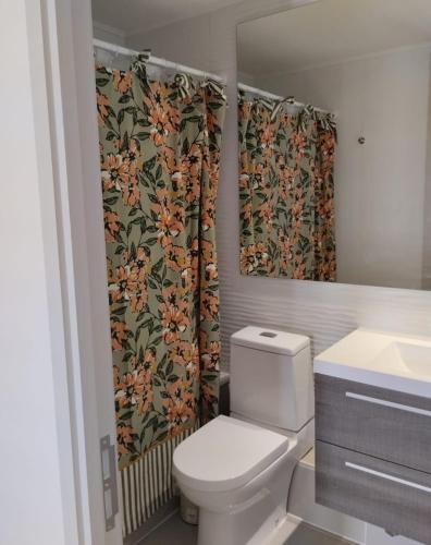 a bathroom with a toilet and a shower curtain at Departamento central viña in Viña del Mar