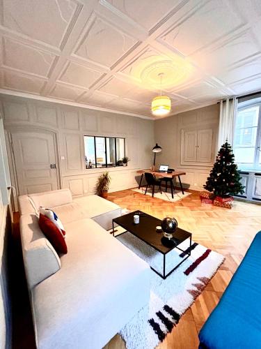 - un salon avec un canapé et un arbre de Noël dans l'établissement Les tonneliers, à Strasbourg