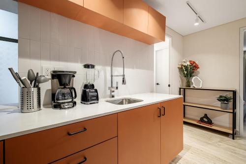 uma cozinha com um lavatório e uma bancada em Nido Condesa by RentinBA em Cidade do México