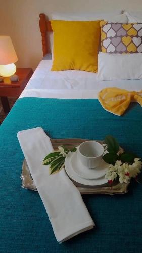 a tray with a cup and a plate on a bed at Pousada Chalés Cantinho do Ronca - Paraty Mirim in Paraty