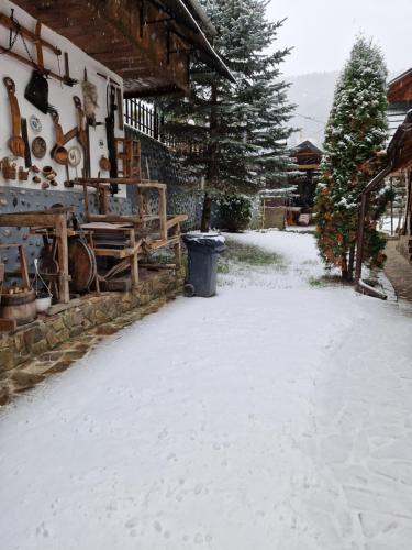 a snow covered yard next to a house with a trash can at Pensiunea Jianu in Albac