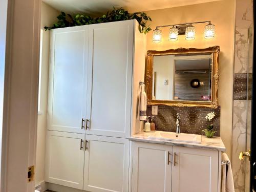 a bathroom with a sink and a mirror at Seagull Studio Vacation Suite in Sooke