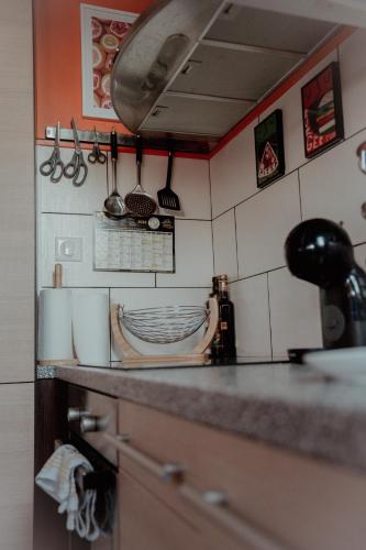 a kitchen with a counter with utensils on the wall at Le charme atypique in Soultz-Haut-Rhin
