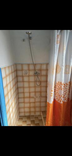 eine Dusche im Bad mit Duschvorhang in der Unterkunft Chez Housna in Rabat