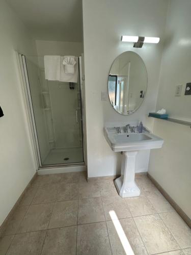 a bathroom with a sink and a mirror and a shower at Cambria Palms Motel in Cambria