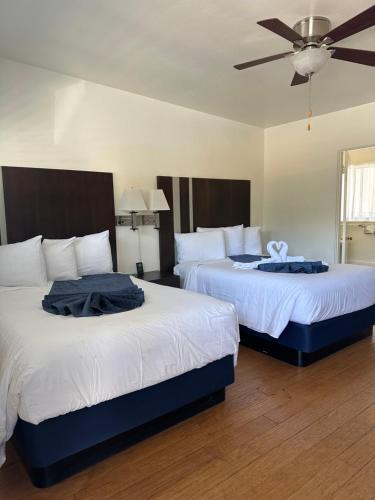 a bedroom with two beds and a ceiling fan at Cambria Palms Motel in Cambria