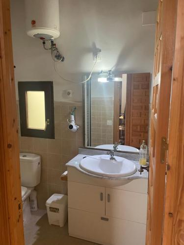 ein Badezimmer mit einem Waschbecken, einem WC und einem Spiegel in der Unterkunft Ático aires de gredos in Candeleda