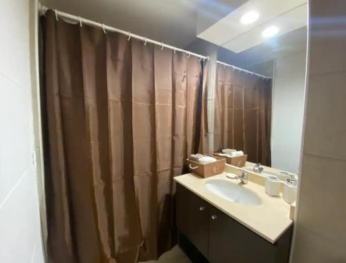 een badkamer met een wastafel en een douchegordijn bij Apartamento para 2 con gran Piscina in Santiago